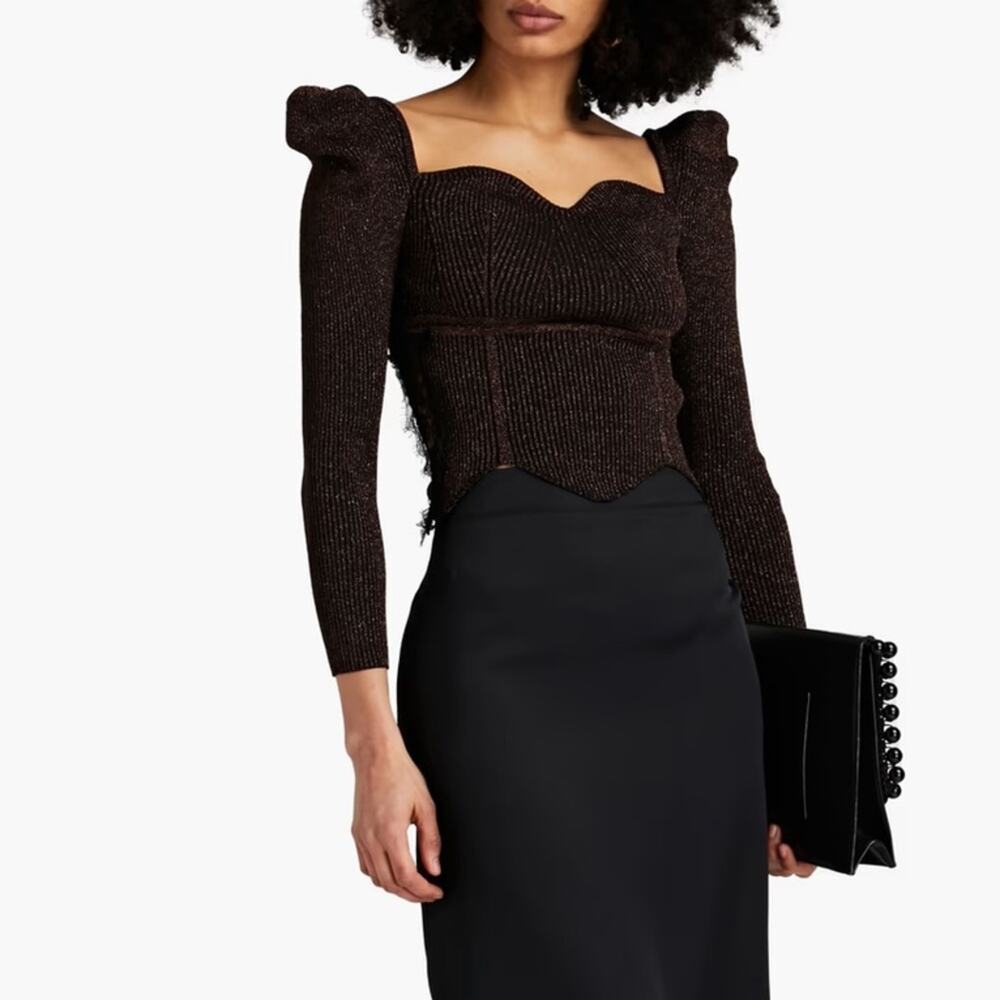 RTR Elliatt Cassie Lace-Trimmed Metallic Ribbed Knit 3/4ā Sleeve Top Sz L